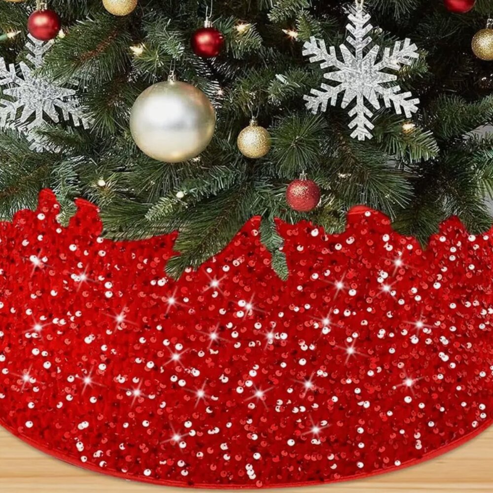 Red Tree Collar 23.6 Inches Sequin Christmas Tree Collars stands 12"